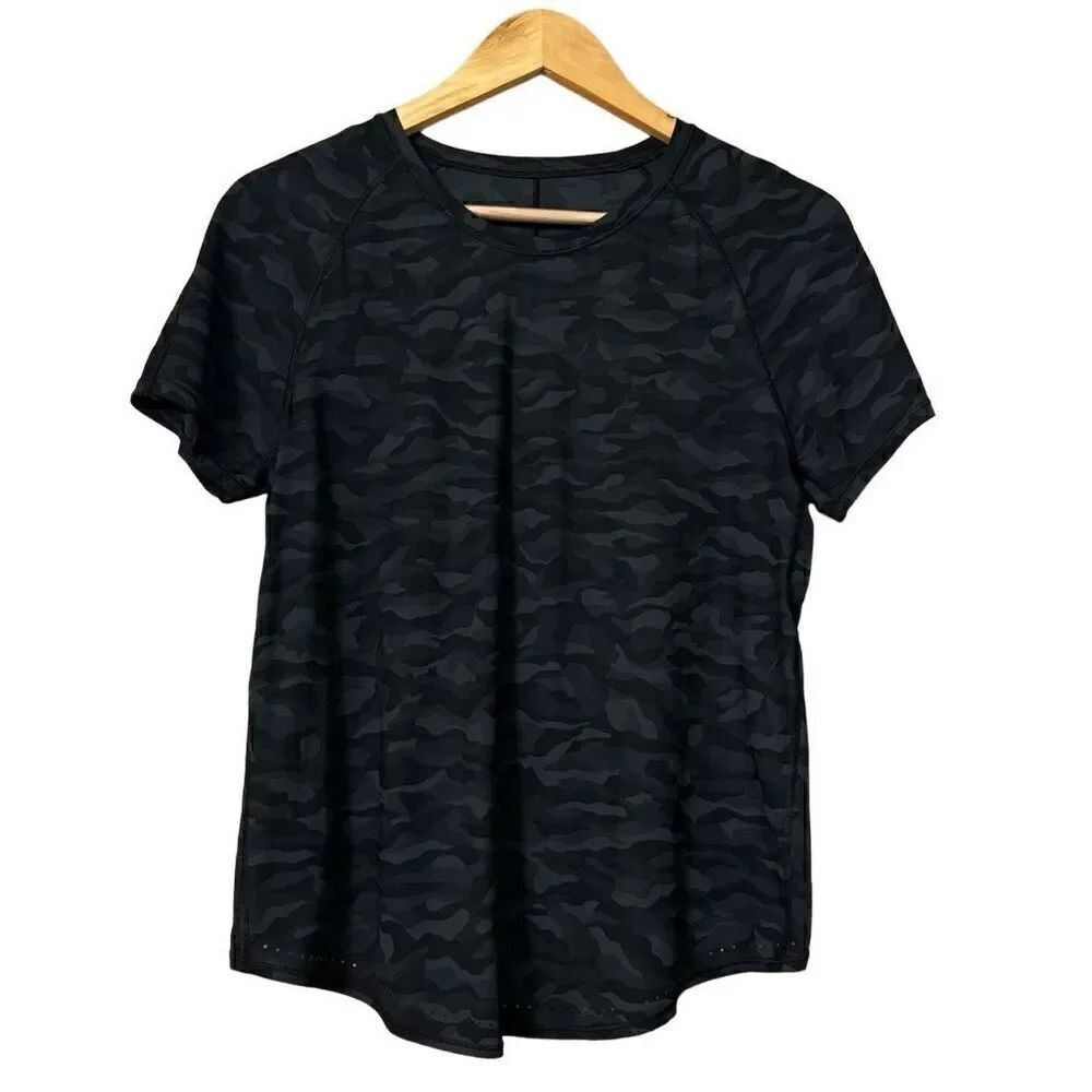 Lululemon Rise and Run Short Sleeve Camo Print Deep Coal Black